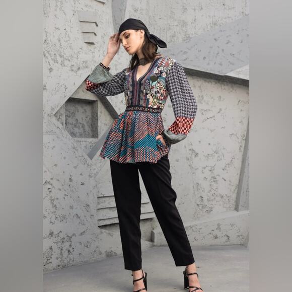 Anthropologie Bhanuni by Jyoti Onyx Top Vibrant Pattern Geo Exotic- Medium - Picture 1 of 9